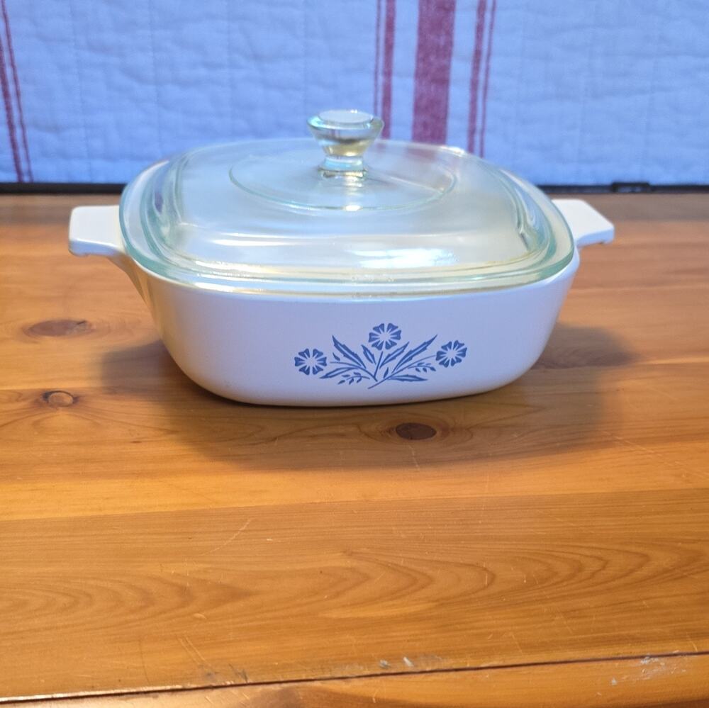 Vtg Corning Ware P-1-B 1 Qt Blue Cornflower Square Glass Casserole Dish Lid